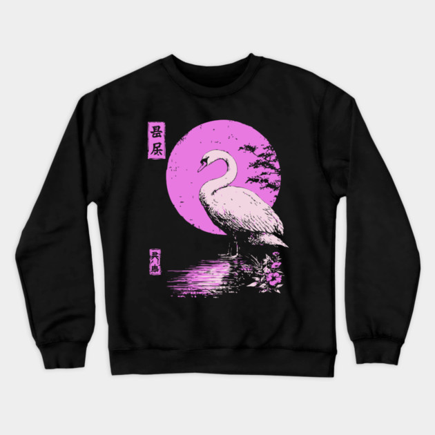 Graceful Swan Japanese Art | Pink Lake Ukiyo-e Style Crewneck Sweatshirt by TuncGK