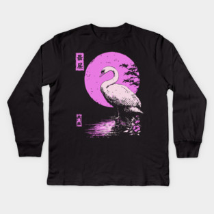 Graceful Swan Japanese Art | Pink Lake Ukiyo-e Style Kids Long Sleeve T-Shirt