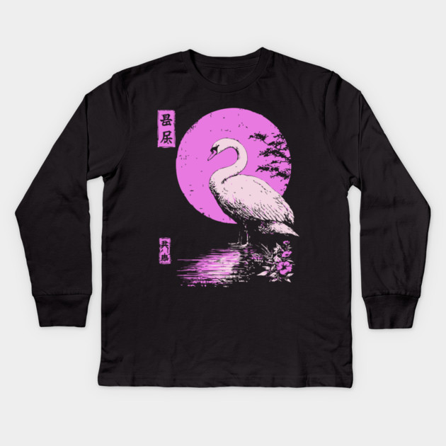 Graceful Swan Japanese Art | Pink Lake Ukiyo-e Style Kids Long Sleeve T-Shirt by TuncGK