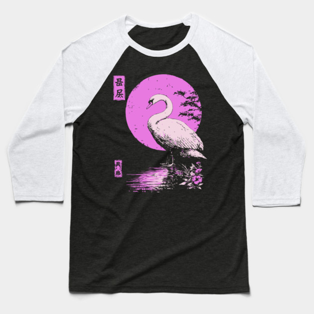 Graceful Swan Japanese Art | Pink Lake Ukiyo-e Style Baseball T-Shirt by TuncGK