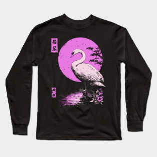 Graceful Swan Japanese Art | Pink Lake Ukiyo-e Style Long Sleeve T-Shirt