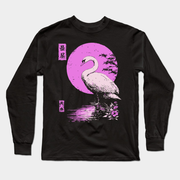 Graceful Swan Japanese Art | Pink Lake Ukiyo-e Style Long Sleeve T-Shirt by TuncGK