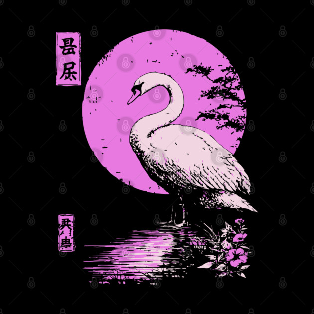 Graceful Swan Japanese Art | Pink Lake Ukiyo-e Style by TuncGK