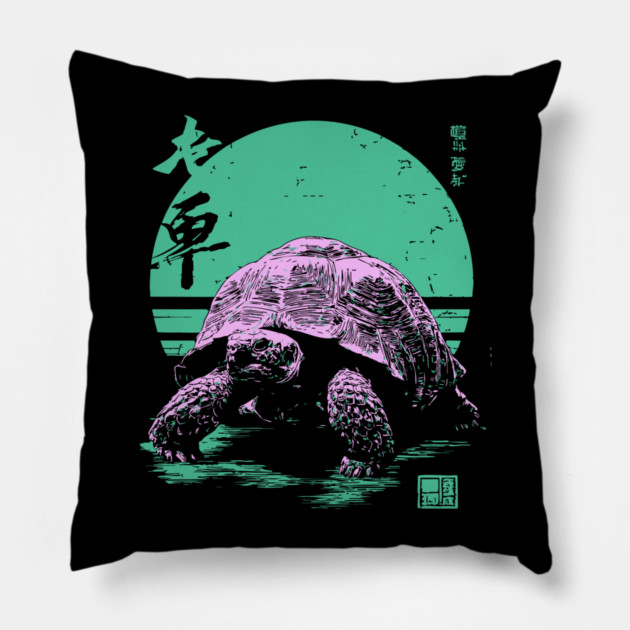 Ocean Sea Turtle Japanese Art | Neon Green Ukiyo-e Style Pillow by TuncGK