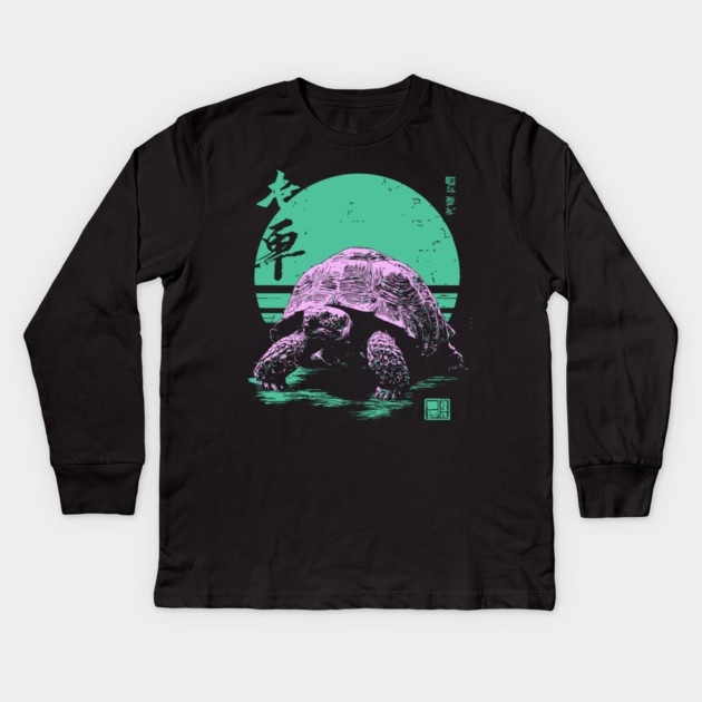 Ocean Sea Turtle Japanese Art | Neon Green Ukiyo-e Style Kids Long Sleeve T-Shirt by TuncGK