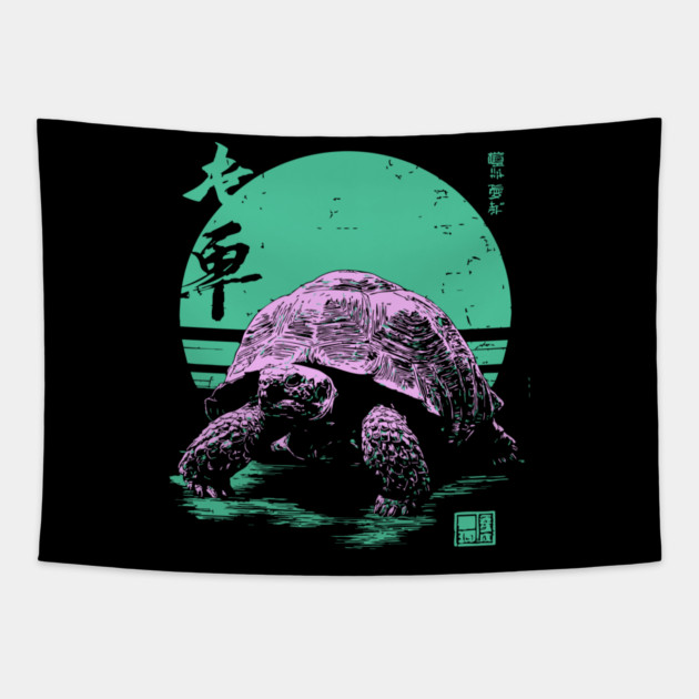 Ocean Sea Turtle Japanese Art | Neon Green Ukiyo-e Style Tapestry by TuncGK