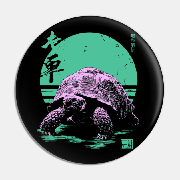 Ocean Sea Turtle Japanese Art | Neon Green Ukiyo-e Style Pin by TuncGK