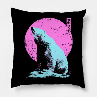 Vibrant Polar Bear Japanese Art | Pink & Blue Ukiyo-e Style Pillow