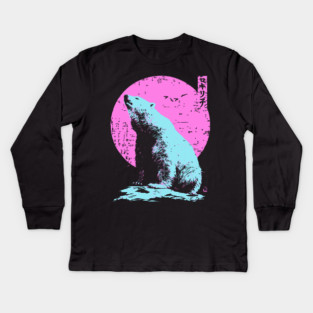 Vibrant Polar Bear Japanese Art | Pink & Blue Ukiyo-e Style Kids Long Sleeve T-Shirt
