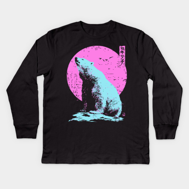 Vibrant Polar Bear Japanese Art | Pink & Blue Ukiyo-e Style Kids Long Sleeve T-Shirt by TuncGK