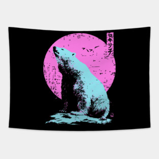 Vibrant Polar Bear Japanese Art | Pink & Blue Ukiyo-e Style Tapestry