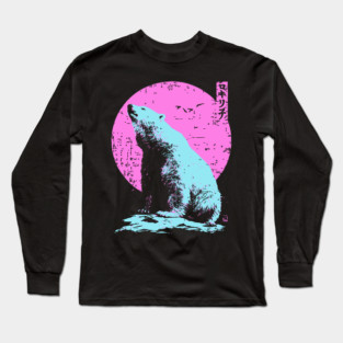 Vibrant Polar Bear Japanese Art | Pink & Blue Ukiyo-e Style Long Sleeve T-Shirt