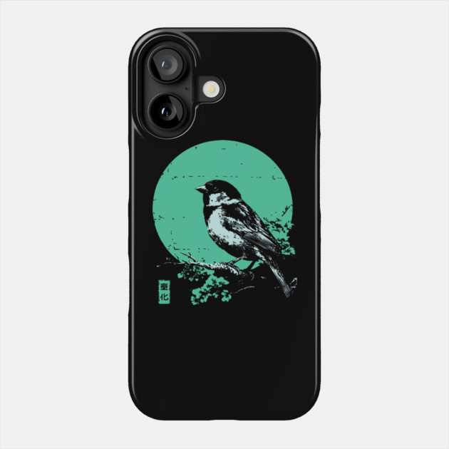 Charming Sparrow Bird Japanese Art | Green Tree Ukiyo-e Style Phone Case by TuncGK
