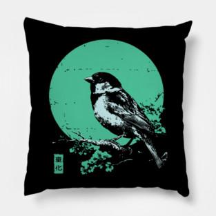 Charming Sparrow Bird Japanese Art | Green Tree Ukiyo-e Style Pillow
