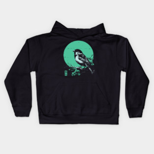 Charming Sparrow Bird Japanese Art | Green Tree Ukiyo-e Style Kids Hoodie