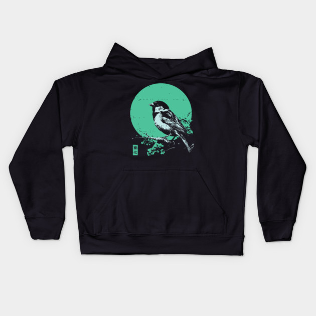 Charming Sparrow Bird Japanese Art | Green Tree Ukiyo-e Style Kids Hoodie by TuncGK