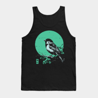 Charming Sparrow Bird Japanese Art | Green Tree Ukiyo-e Style Tank Top