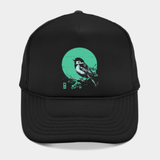 Charming Sparrow Bird Japanese Art | Green Tree Ukiyo-e Style Hat