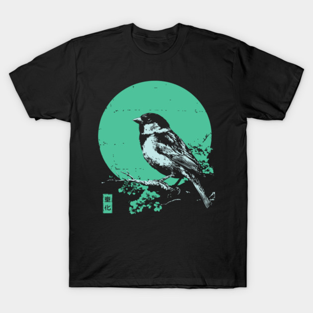 Charming Sparrow Bird Japanese Art | Green Tree Ukiyo-e Style T-Shirt by TuncGK
