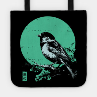 Charming Sparrow Bird Japanese Art | Green Tree Ukiyo-e Style Tote
