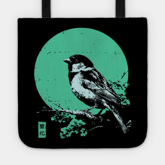 Charming Sparrow Bird Japanese Art | Green Tree Ukiyo-e Style Tote by TuncGK