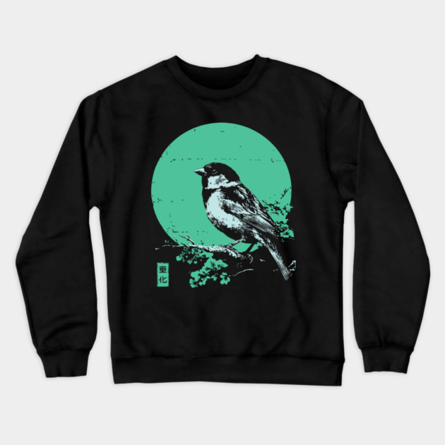 Charming Sparrow Bird Japanese Art | Green Tree Ukiyo-e Style Crewneck Sweatshirt by TuncGK