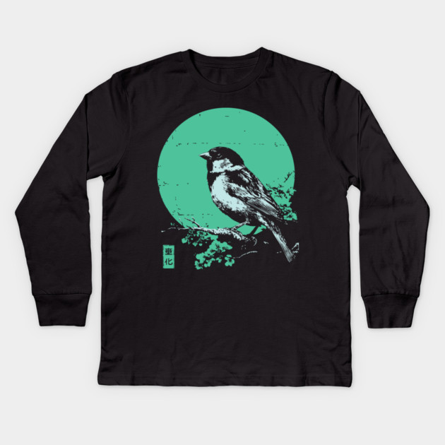 Charming Sparrow Bird Japanese Art | Green Tree Ukiyo-e Style Kids Long Sleeve T-Shirt by TuncGK