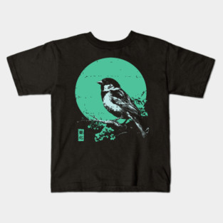 Charming Sparrow Bird Japanese Art | Green Tree Ukiyo-e Style Kids T-Shirt
