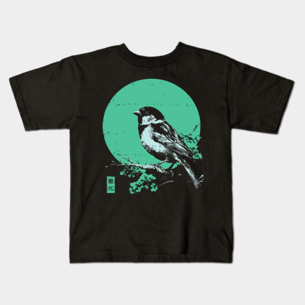 Charming Sparrow Bird Japanese Art | Green Tree Ukiyo-e Style Kids T-Shirt by TuncGK