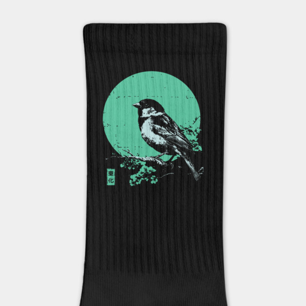 Charming Sparrow Bird Japanese Art | Green Tree Ukiyo-e Style by TuncGK