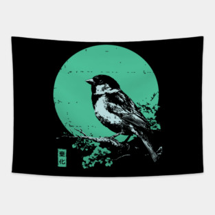 Charming Sparrow Bird Japanese Art | Green Tree Ukiyo-e Style Tapestry