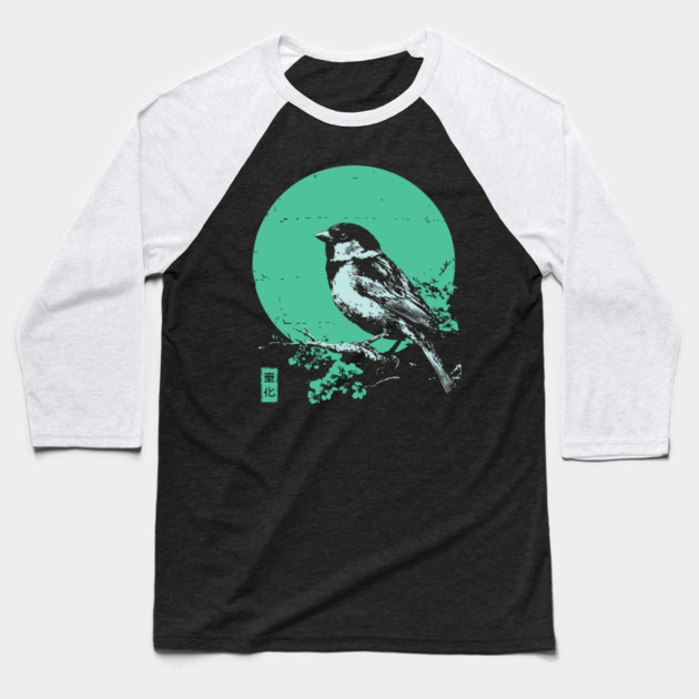 Charming Sparrow Bird Japanese Art | Green Tree Ukiyo-e Style Baseball T-Shirt by TuncGK