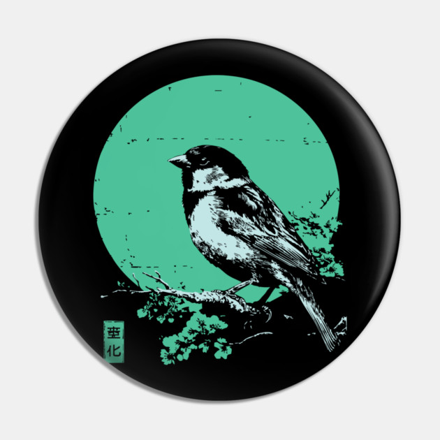 Charming Sparrow Bird Japanese Art | Green Tree Ukiyo-e Style Pin by TuncGK