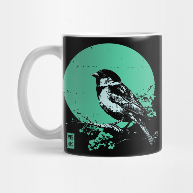 Charming Sparrow Bird Japanese Art | Green Tree Ukiyo-e Style by TuncGK