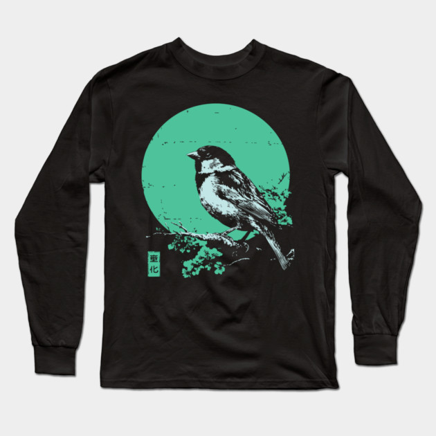 Charming Sparrow Bird Japanese Art | Green Tree Ukiyo-e Style Long Sleeve T-Shirt by TuncGK