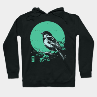 Charming Sparrow Bird Japanese Art | Green Tree Ukiyo-e Style Hoodie