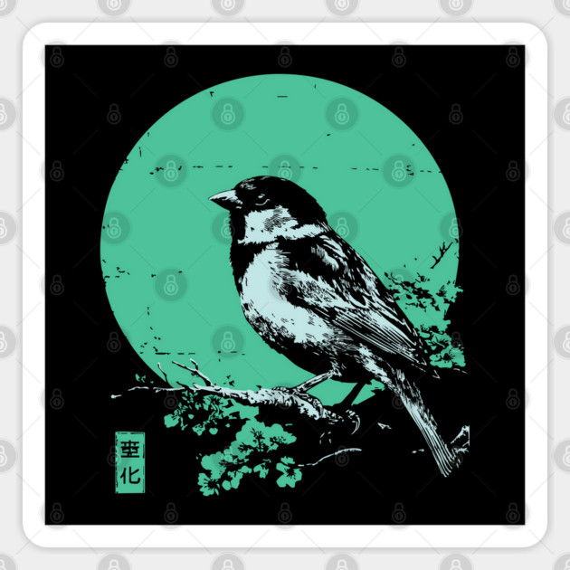 Charming Sparrow Bird Japanese Art | Green Tree Ukiyo-e Style Sticker by TuncGK