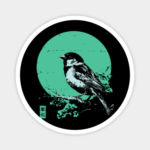 Charming Sparrow Bird Japanese Art | Green Tree Ukiyo-e Style Magnet by TuncGK