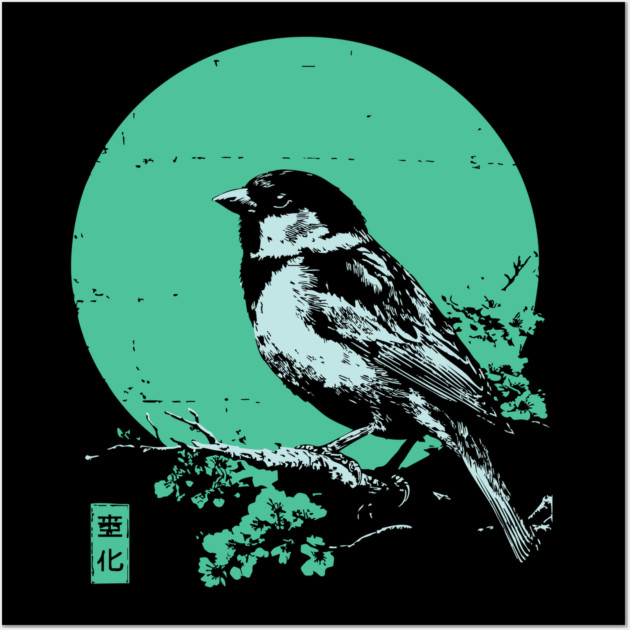 Charming Sparrow Bird Japanese Art | Green Tree Ukiyo-e Style Wall Art by TuncGK