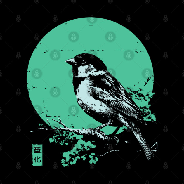 Charming Sparrow Bird Japanese Art | Green Tree Ukiyo-e Style by TuncGK