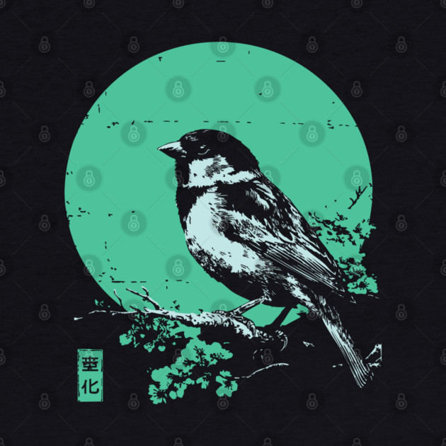 Charming Sparrow Bird Japanese Art | Green Tree Ukiyo-e Style by TuncGK