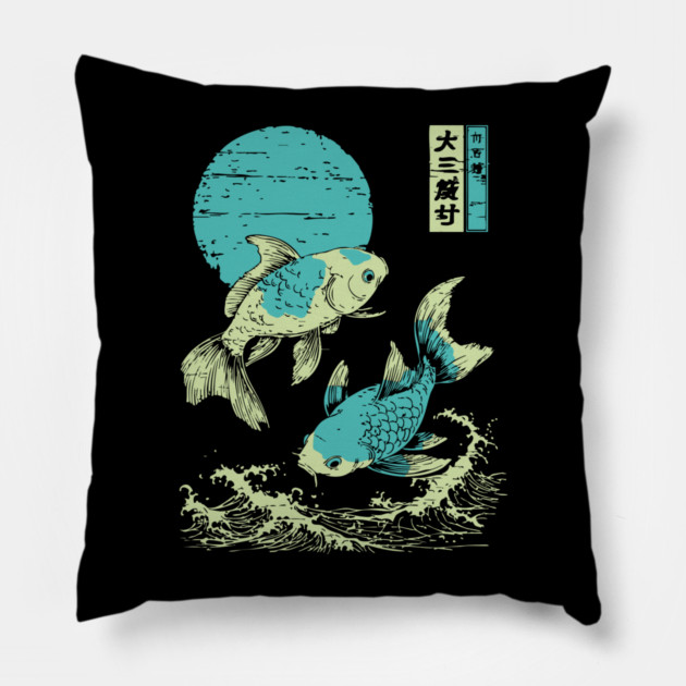 Elegant Koi Fish Japanese Art | Purple Waves Ukiyo-e Style Pillow by TuncGK