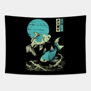 Elegant Koi Fish Japanese Art | Purple Waves Ukiyo-e Style Tapestry