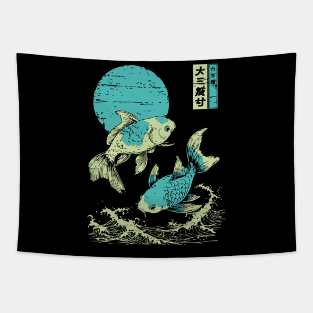 Elegant Koi Fish Japanese Art | Purple Waves Ukiyo-e Style Tapestry by TuncGK