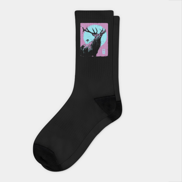 Regal Stag Deer Japanese Art | Purple & Blue Ukiyo-e Style Socks by TuncGK