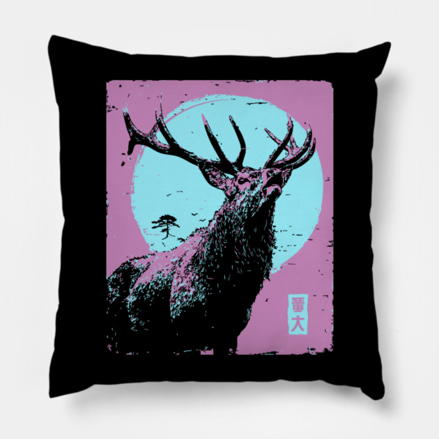 Regal Stag Deer Japanese Art | Purple & Blue Ukiyo-e Style Pillow by TuncGK