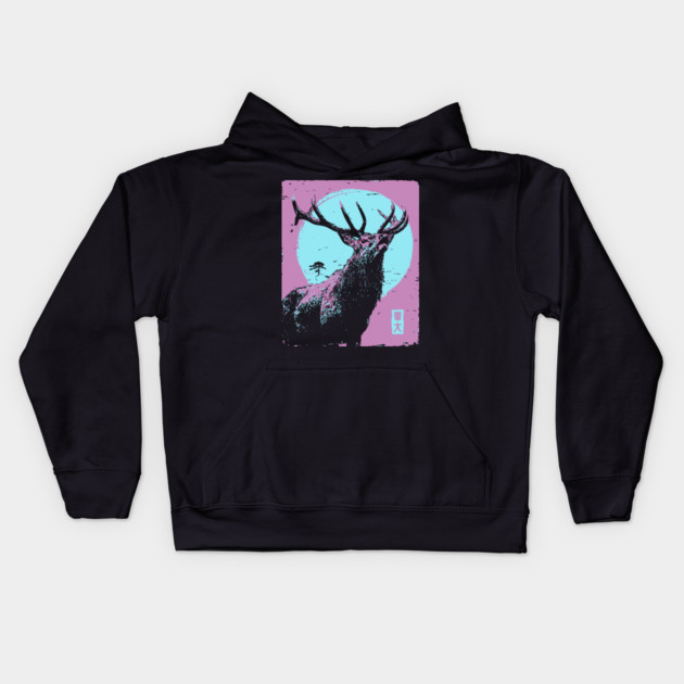 Regal Stag Deer Japanese Art | Purple & Blue Ukiyo-e Style Kids Hoodie by TuncGK