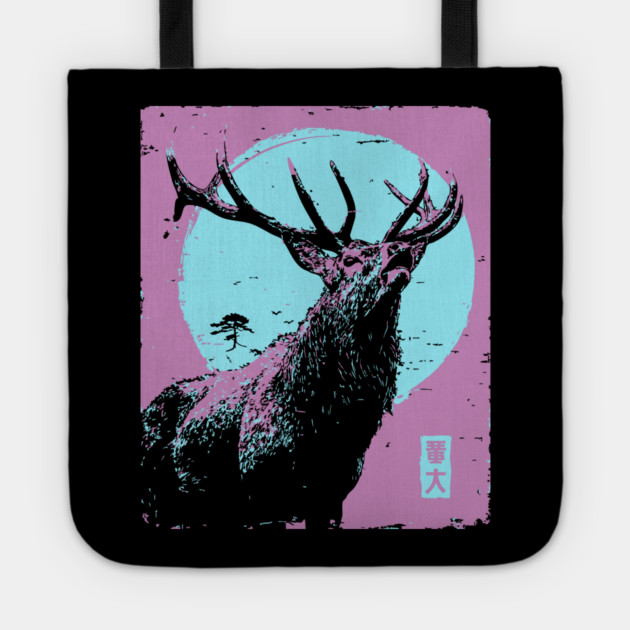 Regal Stag Deer Japanese Art | Purple & Blue Ukiyo-e Style Tote by TuncGK