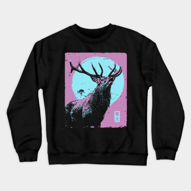 Regal Stag Deer Japanese Art | Purple & Blue Ukiyo-e Style Crewneck Sweatshirt by TuncGK