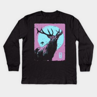 Regal Stag Deer Japanese Art | Purple & Blue Ukiyo-e Style Kids Long Sleeve T-Shirt